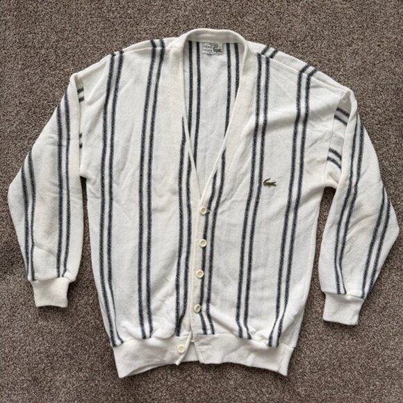 VINTAGE 80s IZOD Lacoste Alligator Striped Indie Grandpa Cardigan Sweater Large - Picture 2 of 9